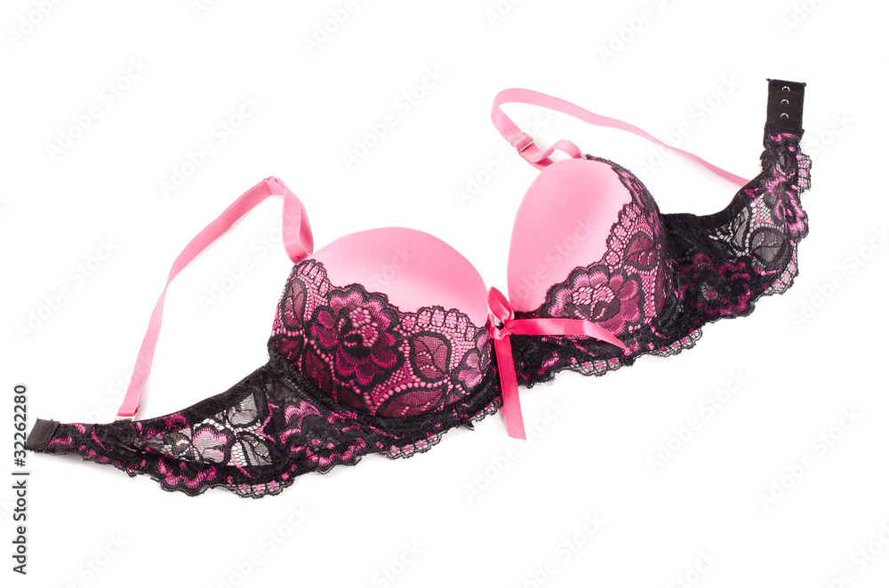 Pink lacy bra isolated on white Stock Photo