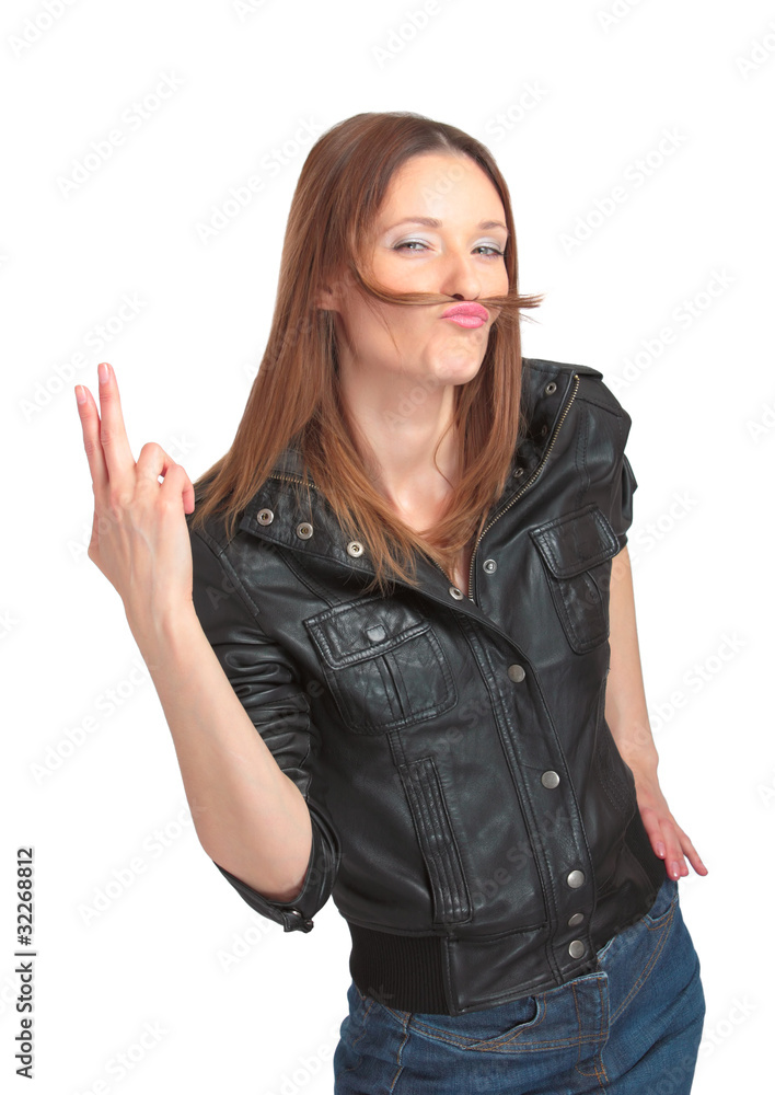 Pretty young woman fooling around with fake moustache Pretty young woman fooling around with fake moustache
