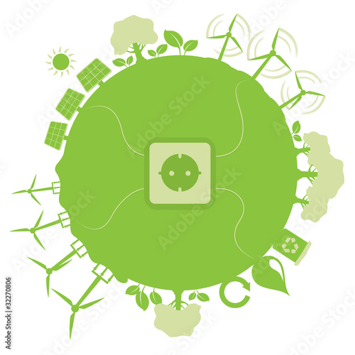 green planet made of vector icons - renewable energy
