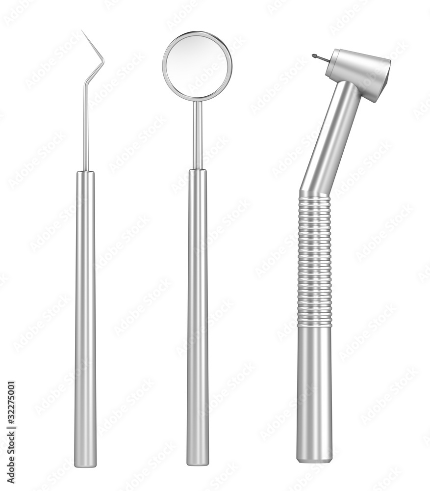 Dental set: mirror, probe and drill , isolated on white Dental set: mirror, probe and drill , isolated on white