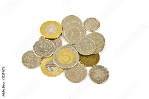 polish zloty coins on white background