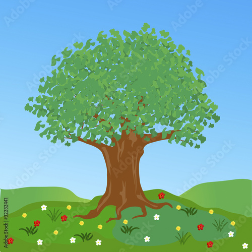 Big tree on glade with flower