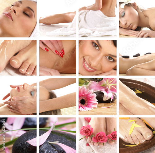 A collage of spa treatment images with young and sexy women