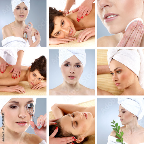 A collage of images with young women on a spa procedure