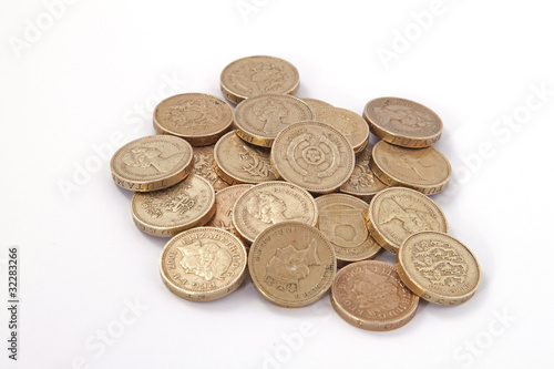 British, UK, pound coins on a plain white background.