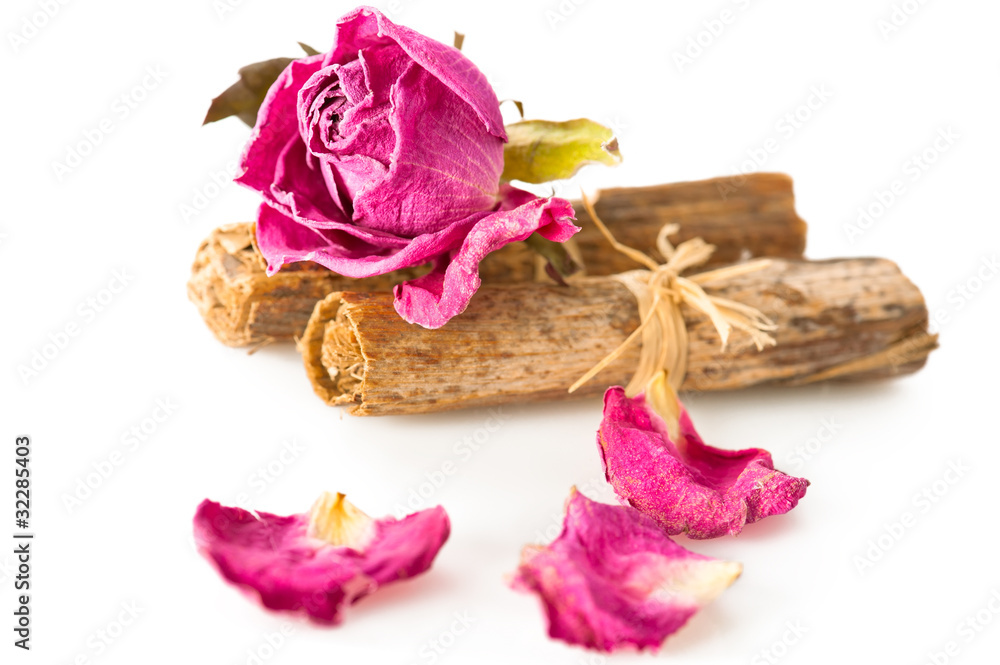 Dry rose and herbs on white. Shallow depth of field Dry rose and herbs on white. Shallow depth of field