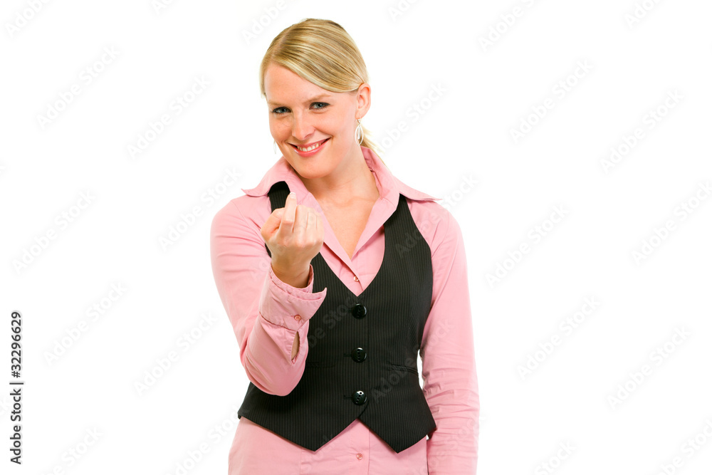 Smiling business woman ordering to come isolated on white. Smiling business woman ordering to come isolated on white.