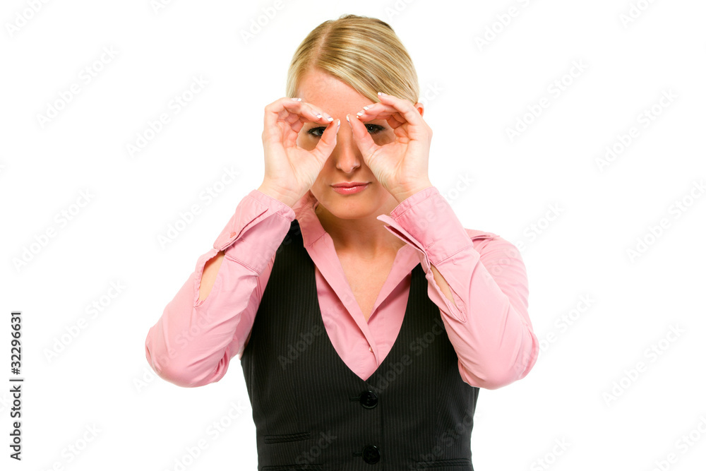 Business woman making binoculars with hands and looking Business woman making binoculars with hands and looking