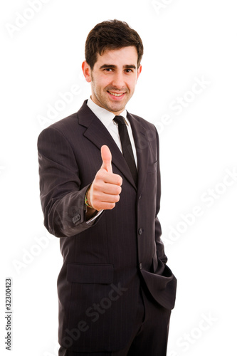 Happy smiling businessman with thumbs up gesture, isolated on wh