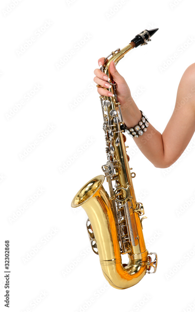 Naklejka premium Saxophone in the women's hand