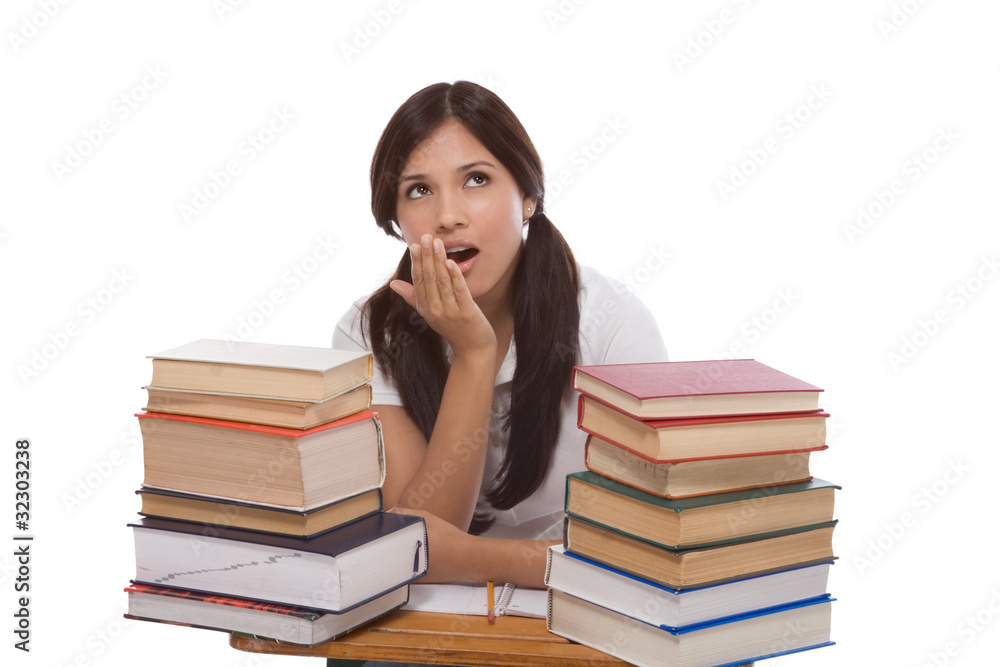 Hispanic college student woman with stack of books Hispanic college student woman with stack of books