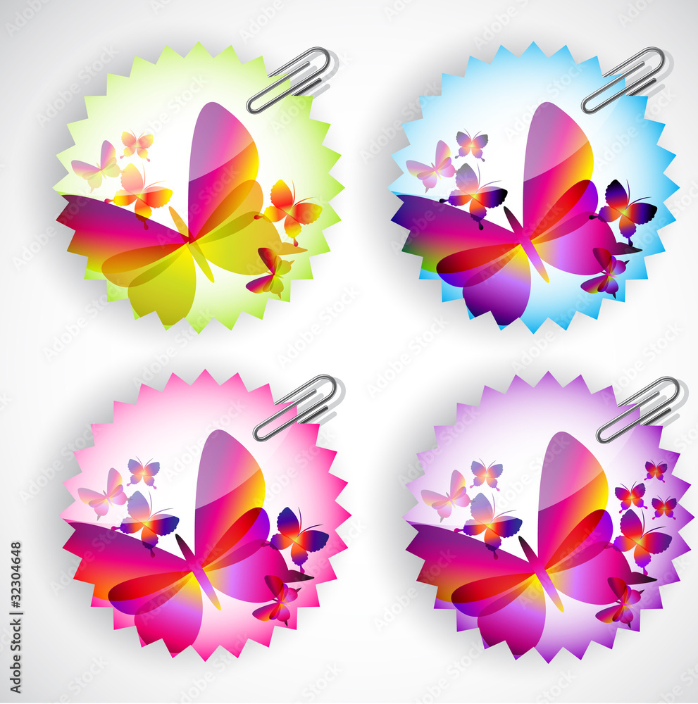 Round sticker with butterflies. Vector illustration set