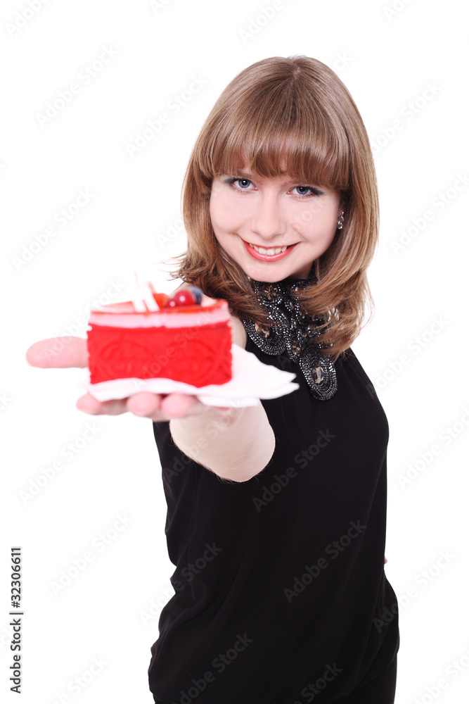 girl stretches very tasty cake. girl stretches very tasty cake.