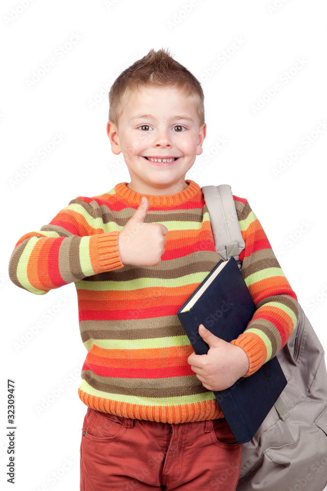 Student child with books saying Ok Student child with books saying Ok