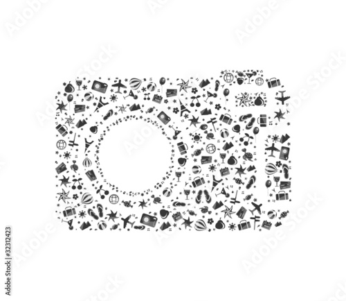 black-and-white camera composed from different travel elements