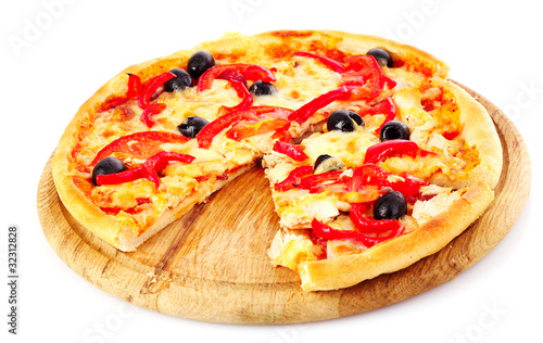 Pizza with olives and tomatoes closeup