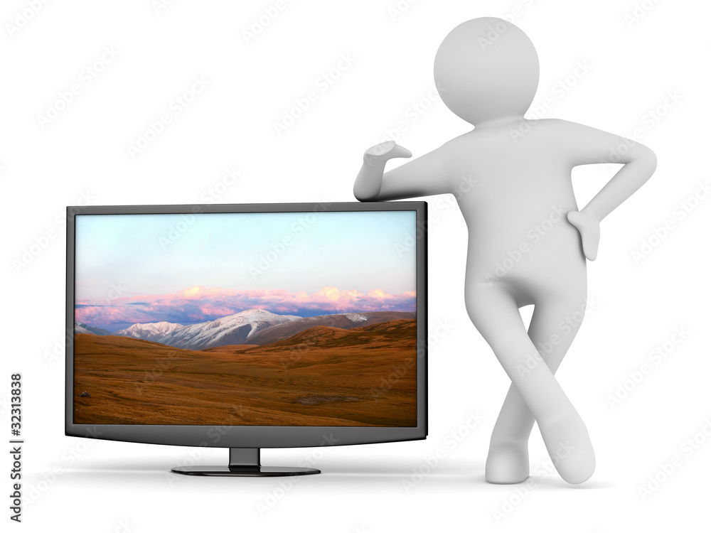 TV and man on white background. Isolated 3D image TV and man on white background. Isolated 3D image