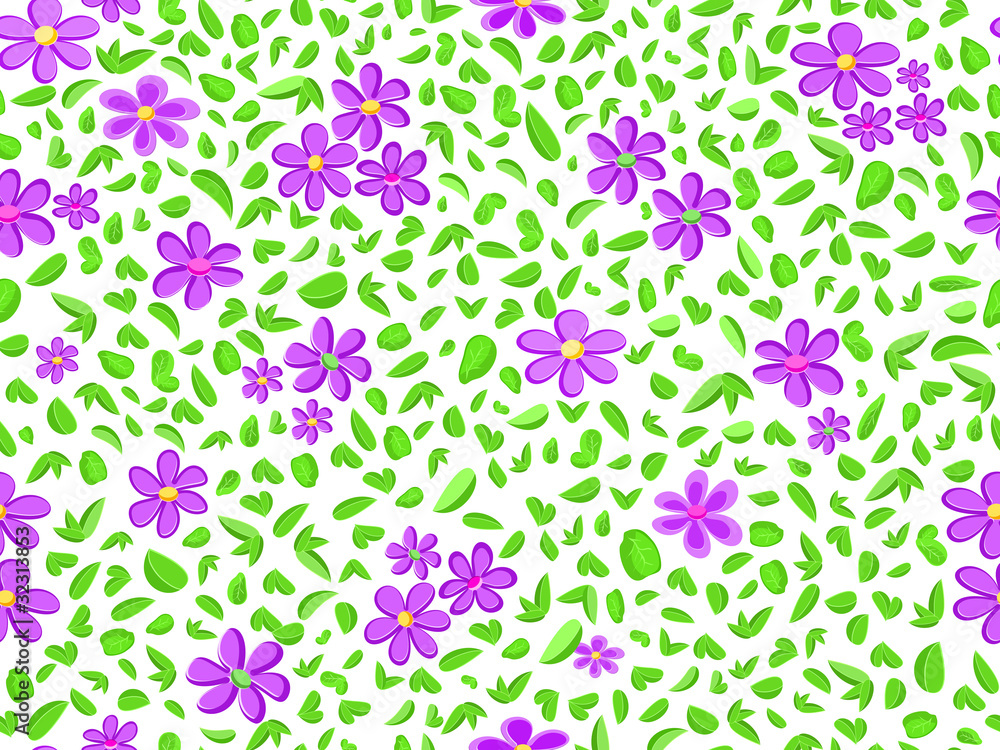 violet flower and green leaf at seamless pattern background