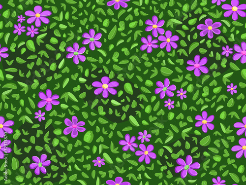 violet flower and green leaf at seamless pattern