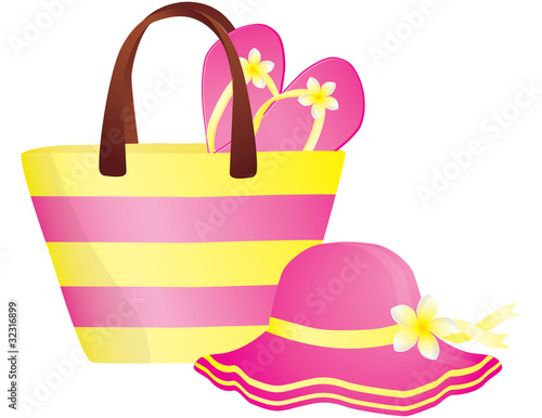 Fashion summer accessories, hat, bag and flip-flops.