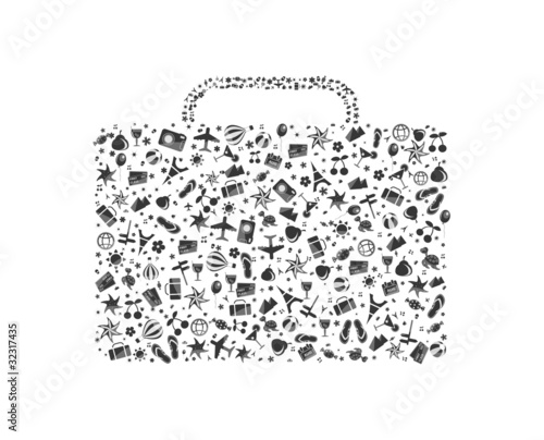 black-and-white luggage composed from different travel elements