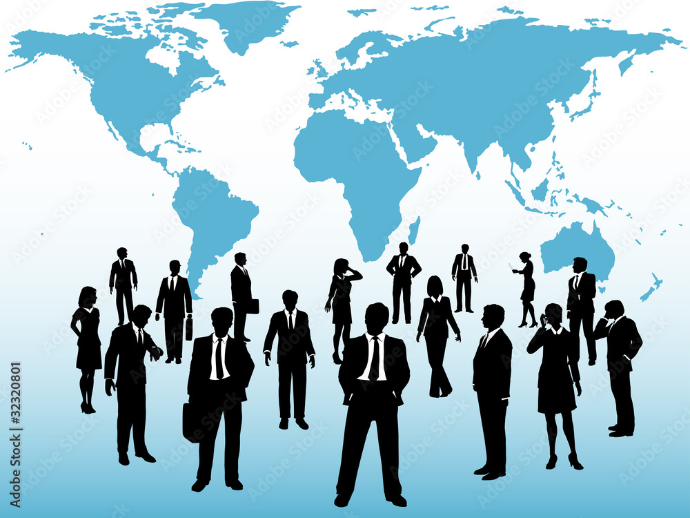 Busy world business people connect under map Busy world business people connect under map