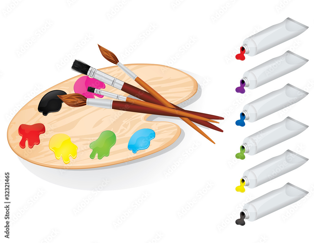 Wooden palette with paints and brushes Wooden palette with paints and brushes
