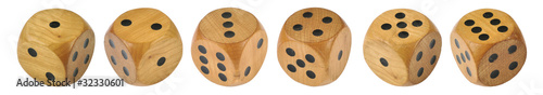 6 Retro wooden dice, all 6 numbers in a row
