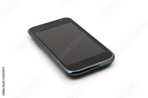 Touch-screen phone device, isolated on a white background.