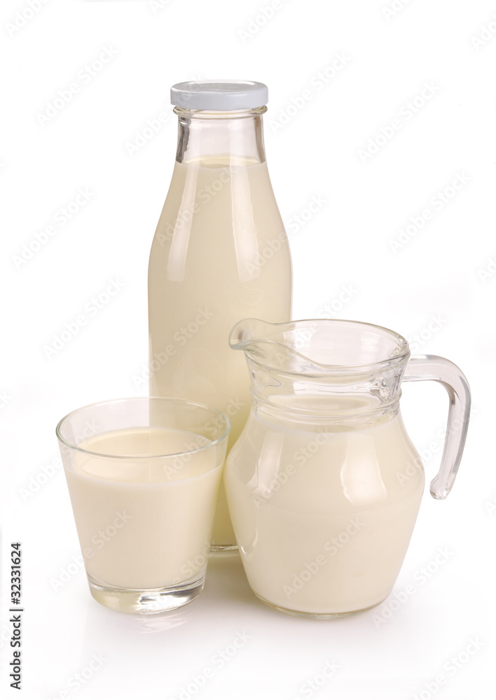 glass bottle and a jug of milk