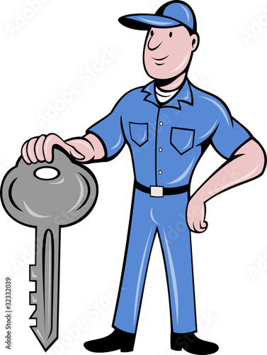 locksmith standing with key cartoon style
