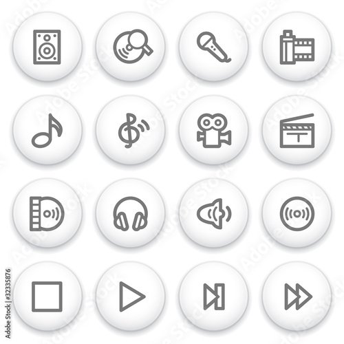 Audio video icons on white buttons.