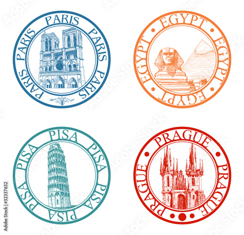 Detailed travel stamps collection: Pisa, Paris, Prague, Egypt
