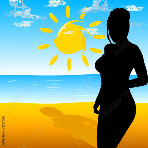 girl black silhouette on the beach with sun