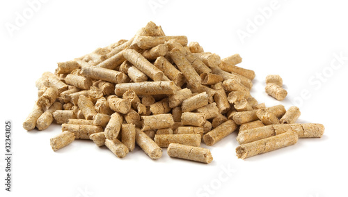 Pile of wood pellets isolated on white photo