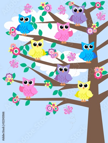 Plakat drzewa sowa motyl ptak