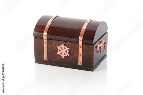Closed wooden chest with reflection