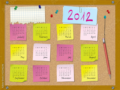 2012 calendar - week starts on Sunday - cork board
