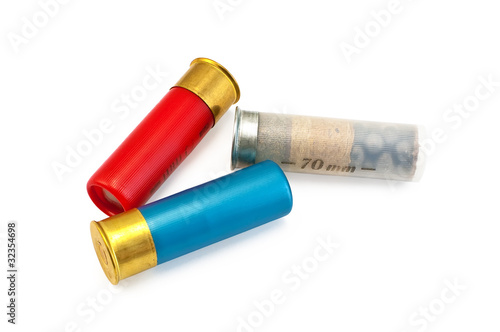Three colored cartridges for shotguns