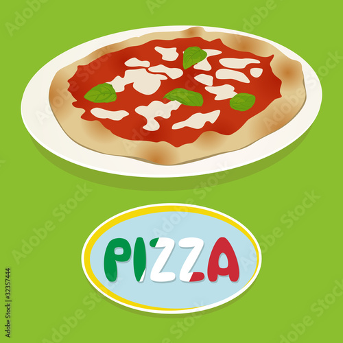 Pizza with tomato, mozzarella, basil and logo on green