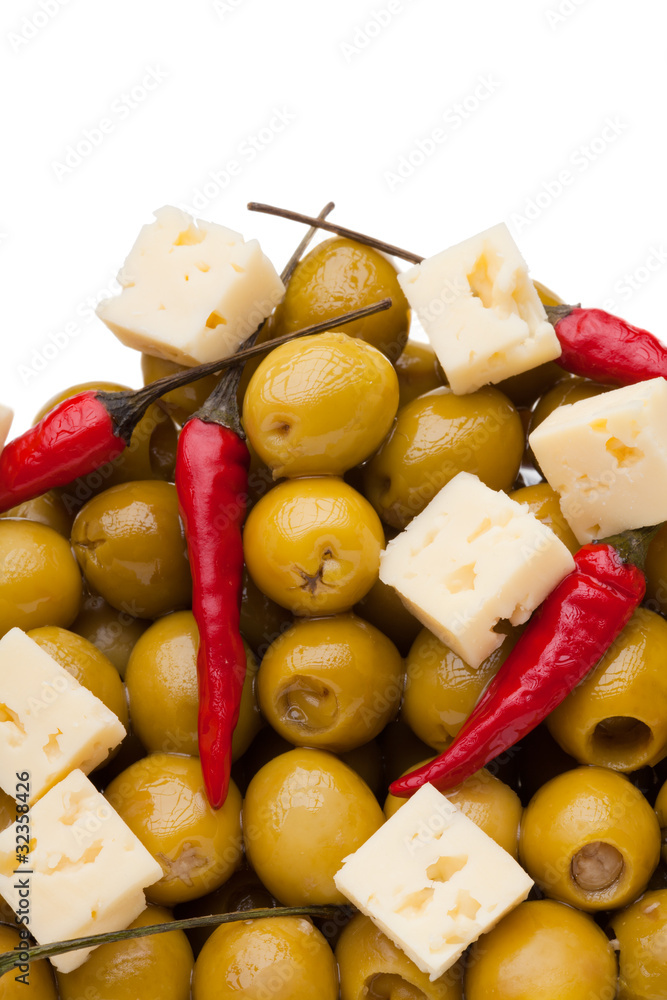 Olives and chili pepper and shards sheep cheese