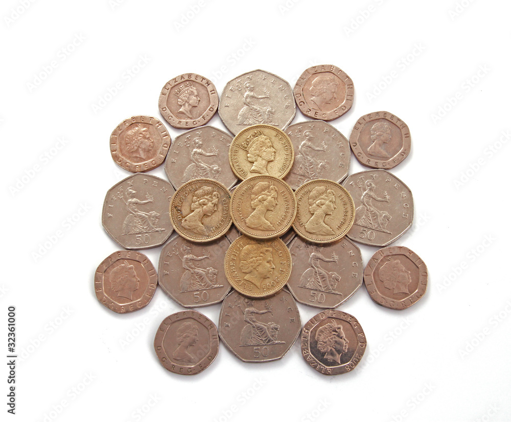 British, UK, coins on a plain white background. British, UK, coins on a plain white background.
