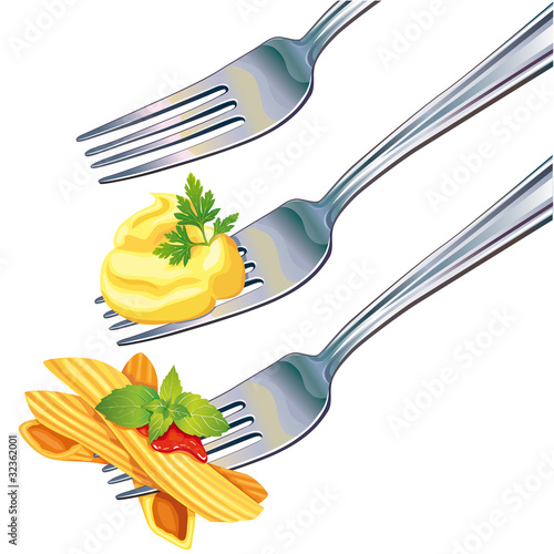 Pasta and mashed potatoes on fork