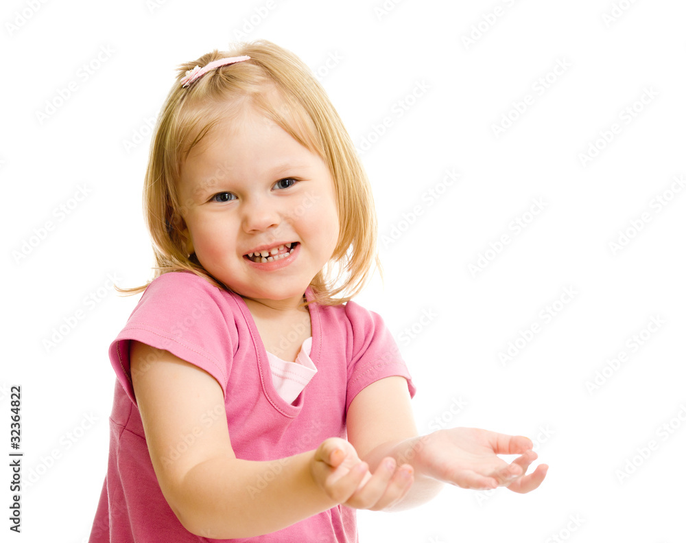 Little naughty girl portrait palms up isolated Little naughty girl portrait palms up isolated