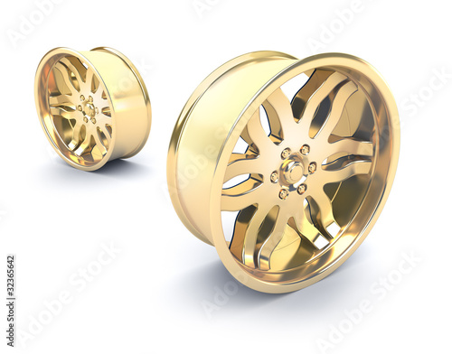 Gold car rims concept. Isolated on white