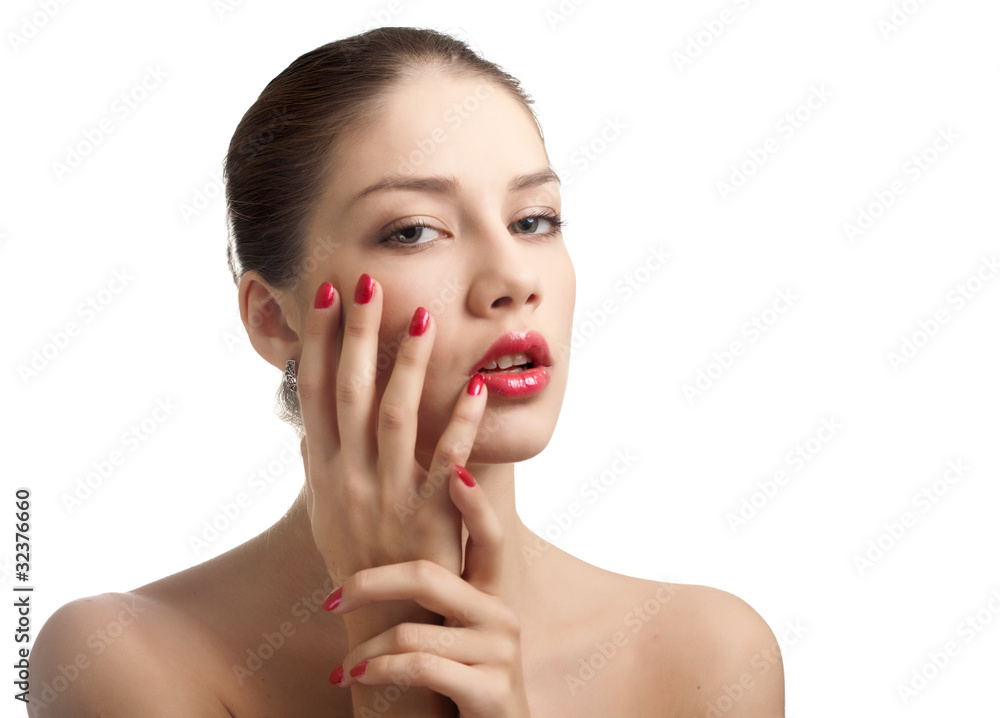 Close-up portrait of sexy caucasian young woman with red bright Close-up portrait of sexy caucasian young woman with red bright