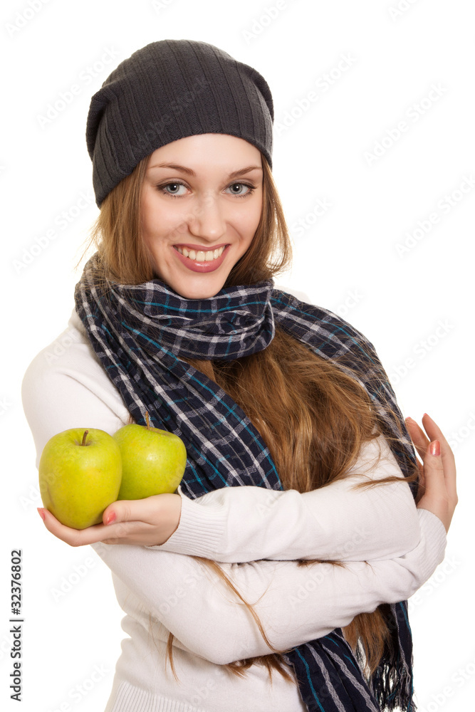 Happy woman with green apple on white background Happy woman with green apple on white background