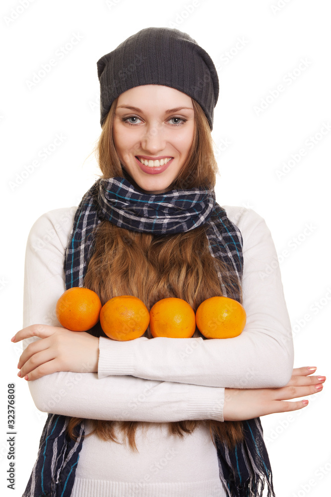Happy woman with orange on white background Happy woman with orange on white background