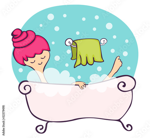 Young woman in pink bathtub