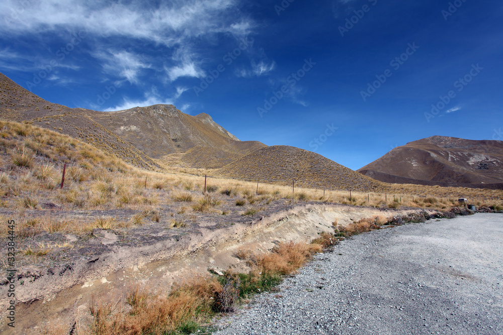 landscape of dry mountain range at Lindis Pass, the highest high landscape of dry mountain range at Lindis Pass, the highest high